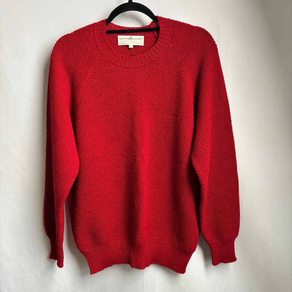Vintage Peruvian Connection 100% Alpaca Handmade Red Chunky Knit Sweater L Large